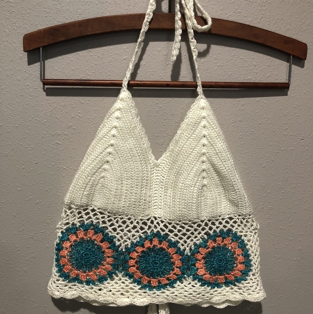 Crocheted white, teal and salmon bralette